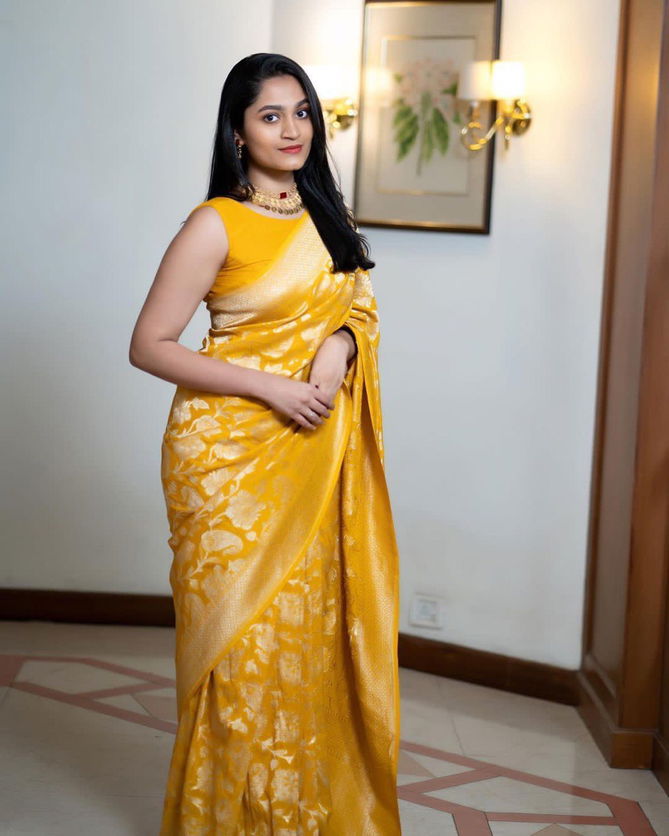 Ddf Yellow Flower Lichi Silk Banarasi Saree Catalogue